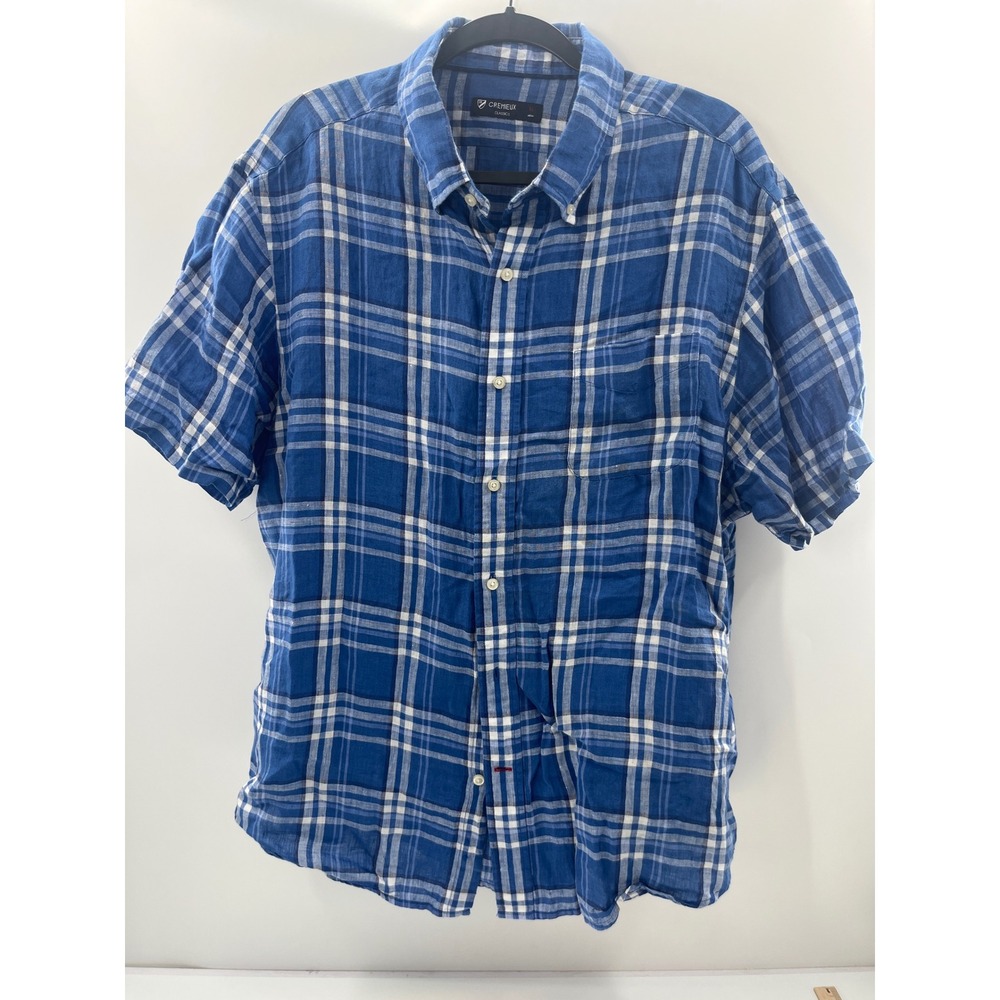 Cremieux Classics‎ Mens XL Blue White Plaid Linen Blend Short Sleeve Button Down